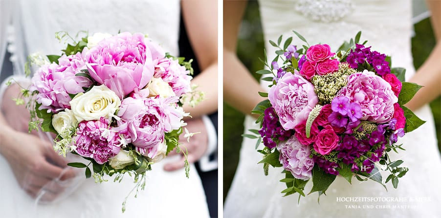 Hochzeitsfloristik Hochzeitsblumen Braustrauß Biedermeier Rosen weiß pink Pfingstrosen pink