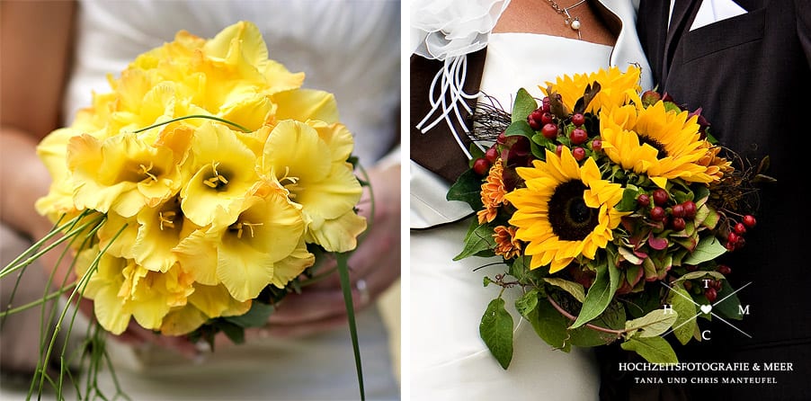 Hochzeitsfloristik Hochzeitsblumen Braustrauß Biedermeier gelb Sonnenblumen Hagebutten Sommerblumen Gladiolen
