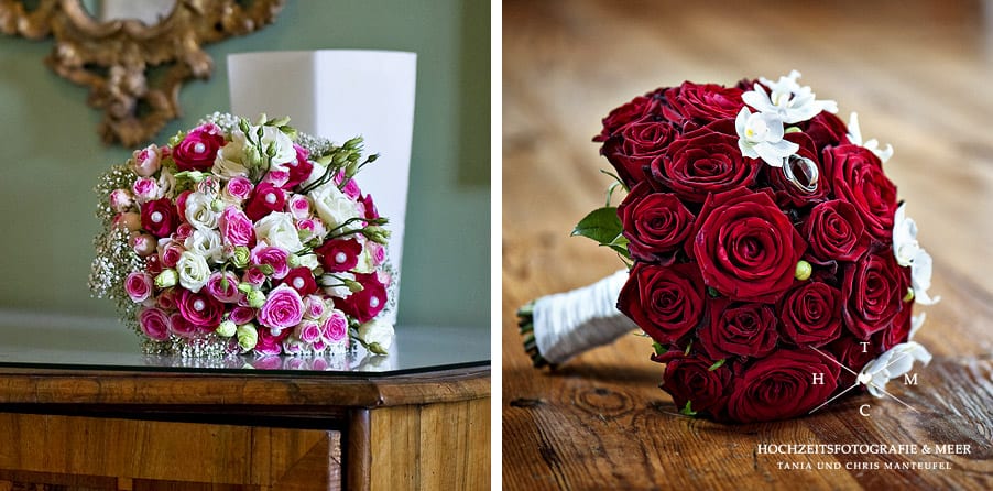 Hochzeitsfloristik Hochzeitsblumen Braustrauß Biedermeier Rose rot rosa weiß Schleierkraut Orchideen weiß
